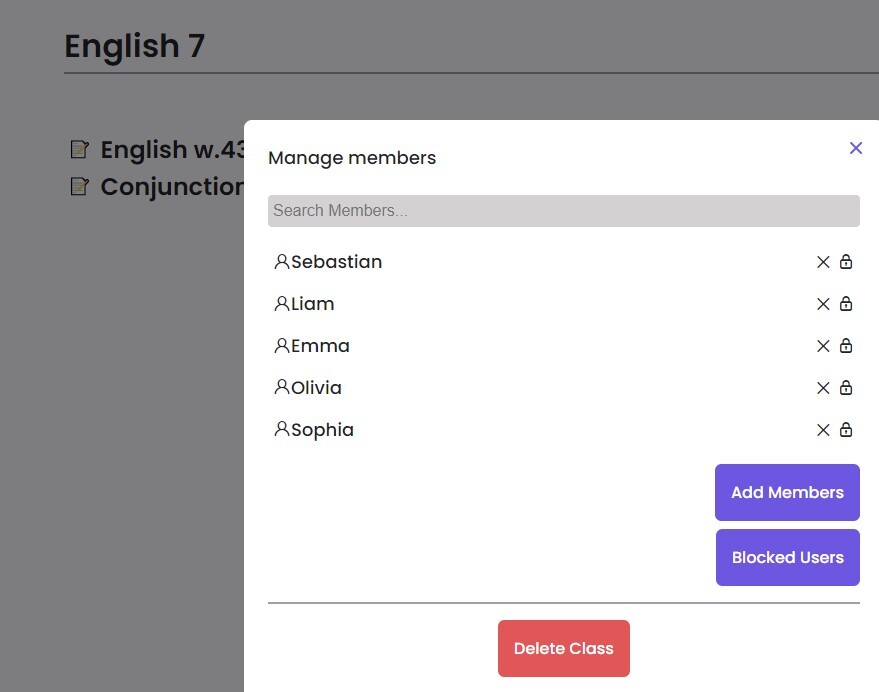 An example of a admin view for managing students inside of a Cortexius class.