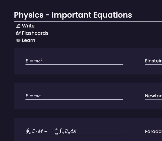 An example of a dark-mode view of a set with several mathematical expressions as terms inside of Cortexius.